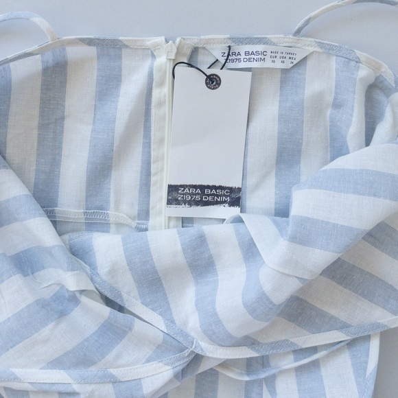 Zara Denim Blue and White Stripes Ruffle Linen Wrap Dress, NWT, XS - Picture 6 of 7